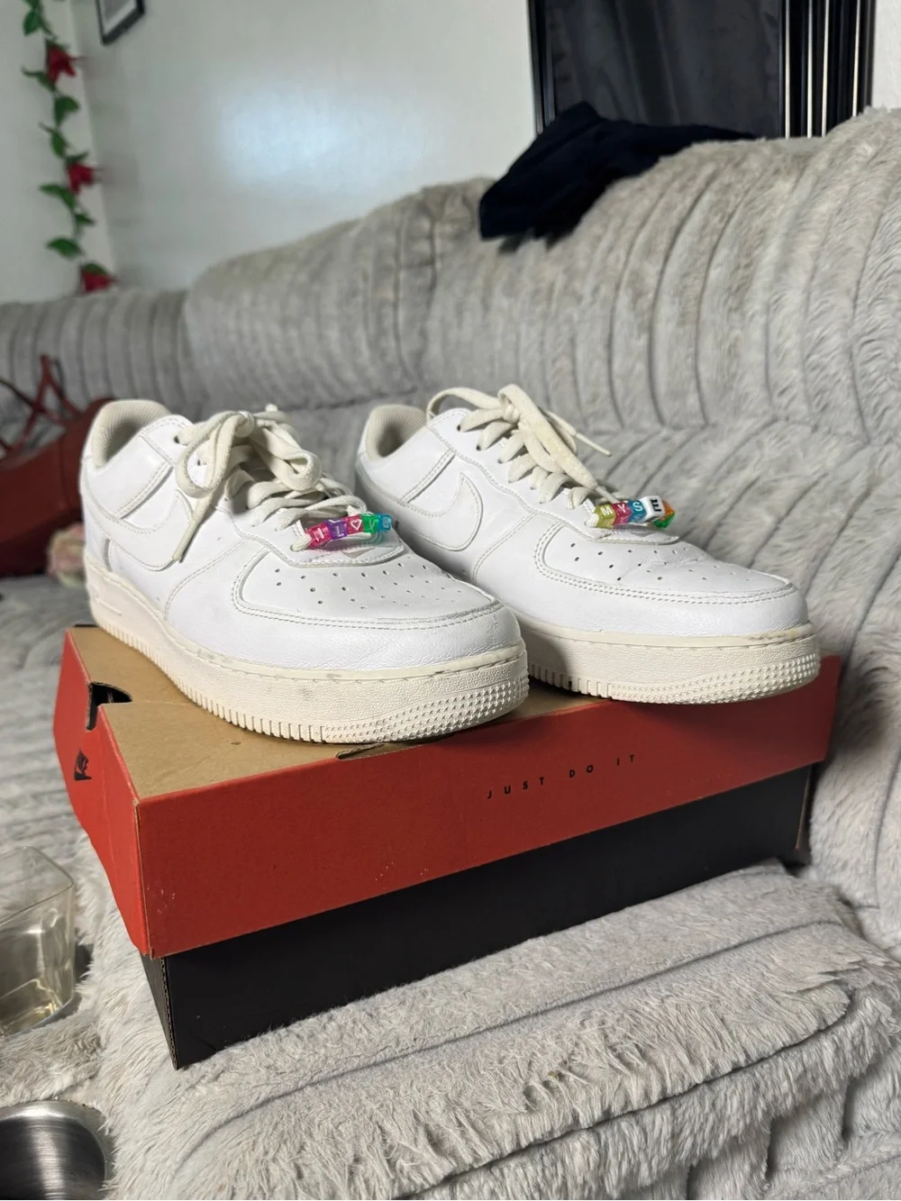 Nike White Leather Sneaker with Multicolor LOVE Bead Accent